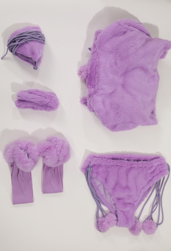 Furry Paw Sexy Lingerie Kawaii Purple Plush Homewear Paw Gloves Hoodie and Bra Panty with Stockings